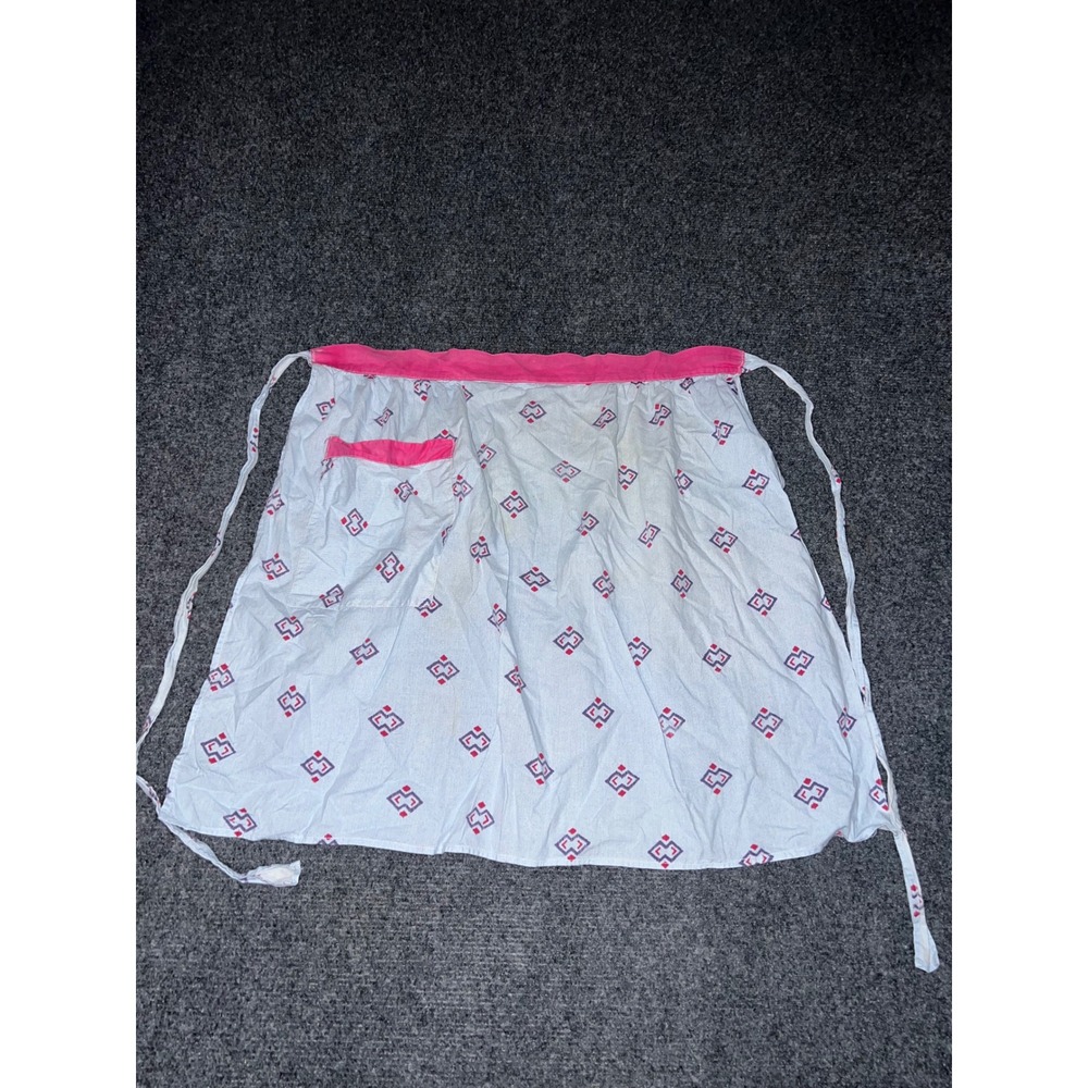 Vintage Geometric Diamond Print Half Apron White Pink Purple Cotton Pocket